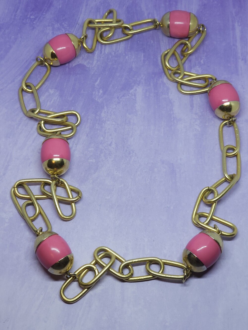 Gold Tone Open Link Necklace W/ Chunky Pink Barrel Stations